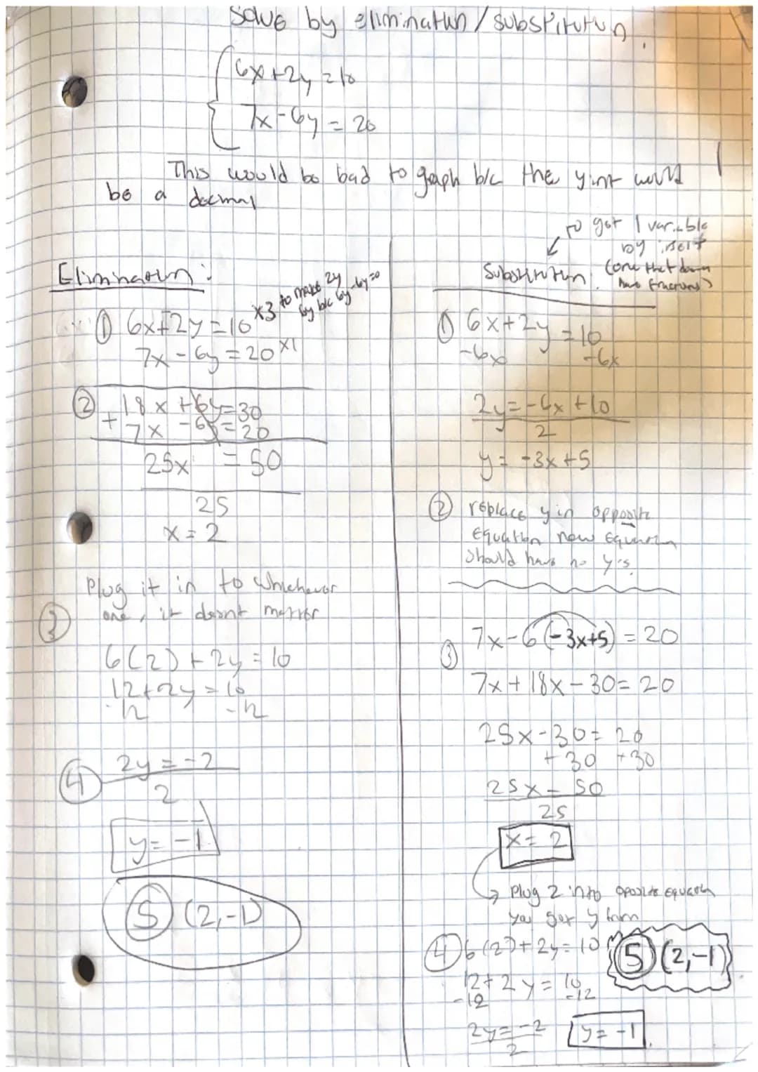 be
(
Eliminatin
This would be bad to graph b/c the ying word
a decimal
save by elimination substitution
6x +24 21
7x-6y = 20
0 6x+2y=10°
7x-