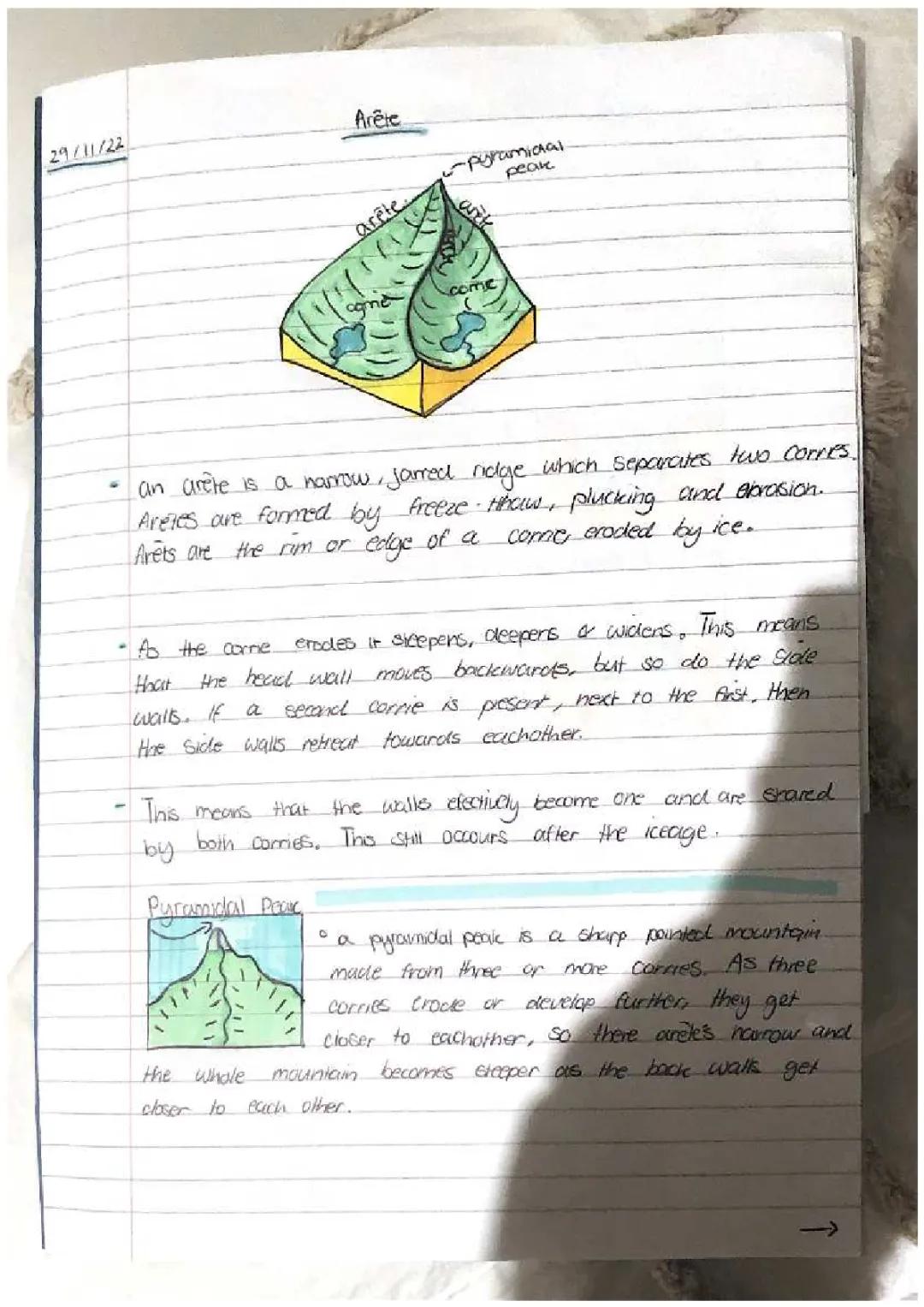 formation of arêtes, u shaped valley, hanging valley, OS maps and population / world population growth 