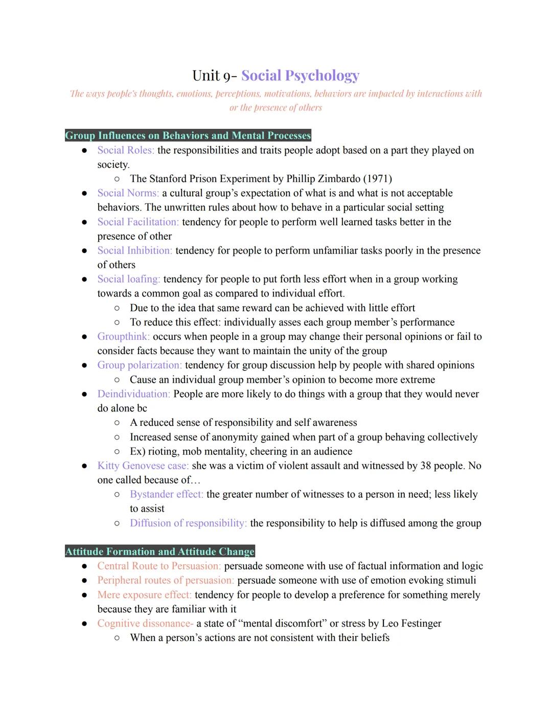 Unit 9- Social Psychology
The ways people's thoughts, emotions, perceptions, motivations, behaviors are impacted by interactions with
or the