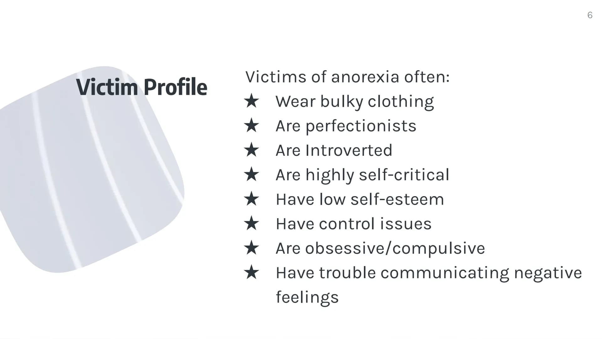 Anorexia
By: Kate Bicalho What is Anorexia?
Eating disorder
★
Scientifically called Anorexia Nervosa (AN)
A condition where people see thems