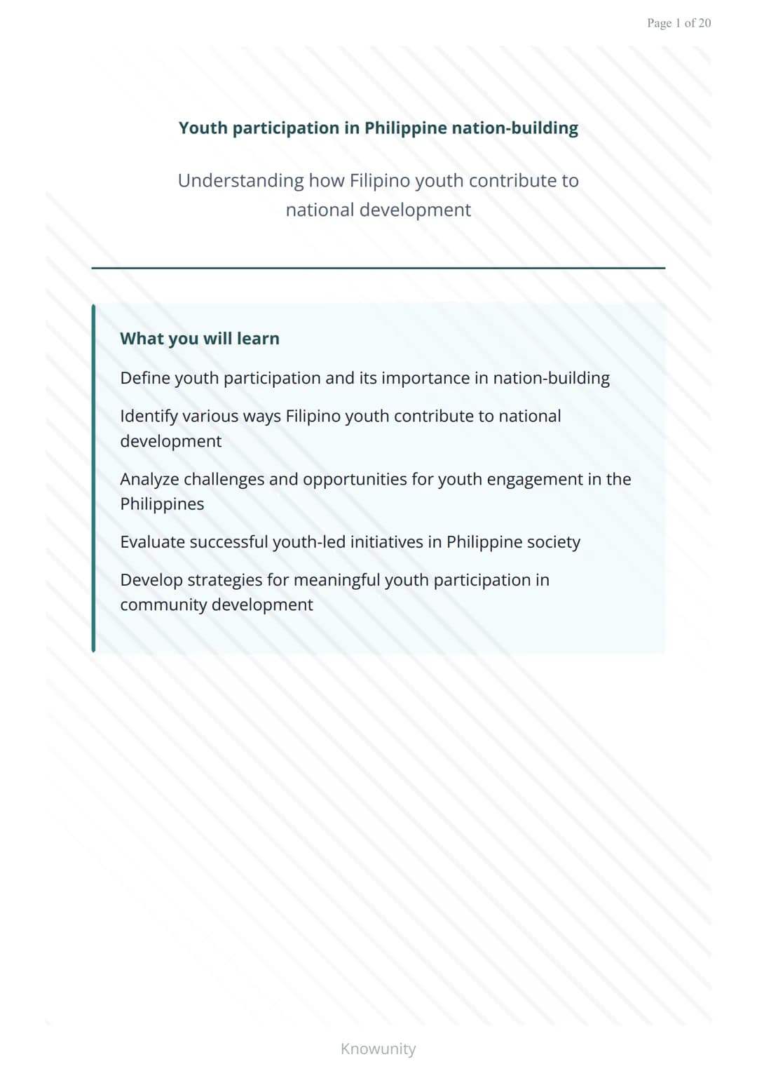 Youth participation in Philippine nation-building
Understanding how Filipino youth contribute to
national development
What you will learn
De