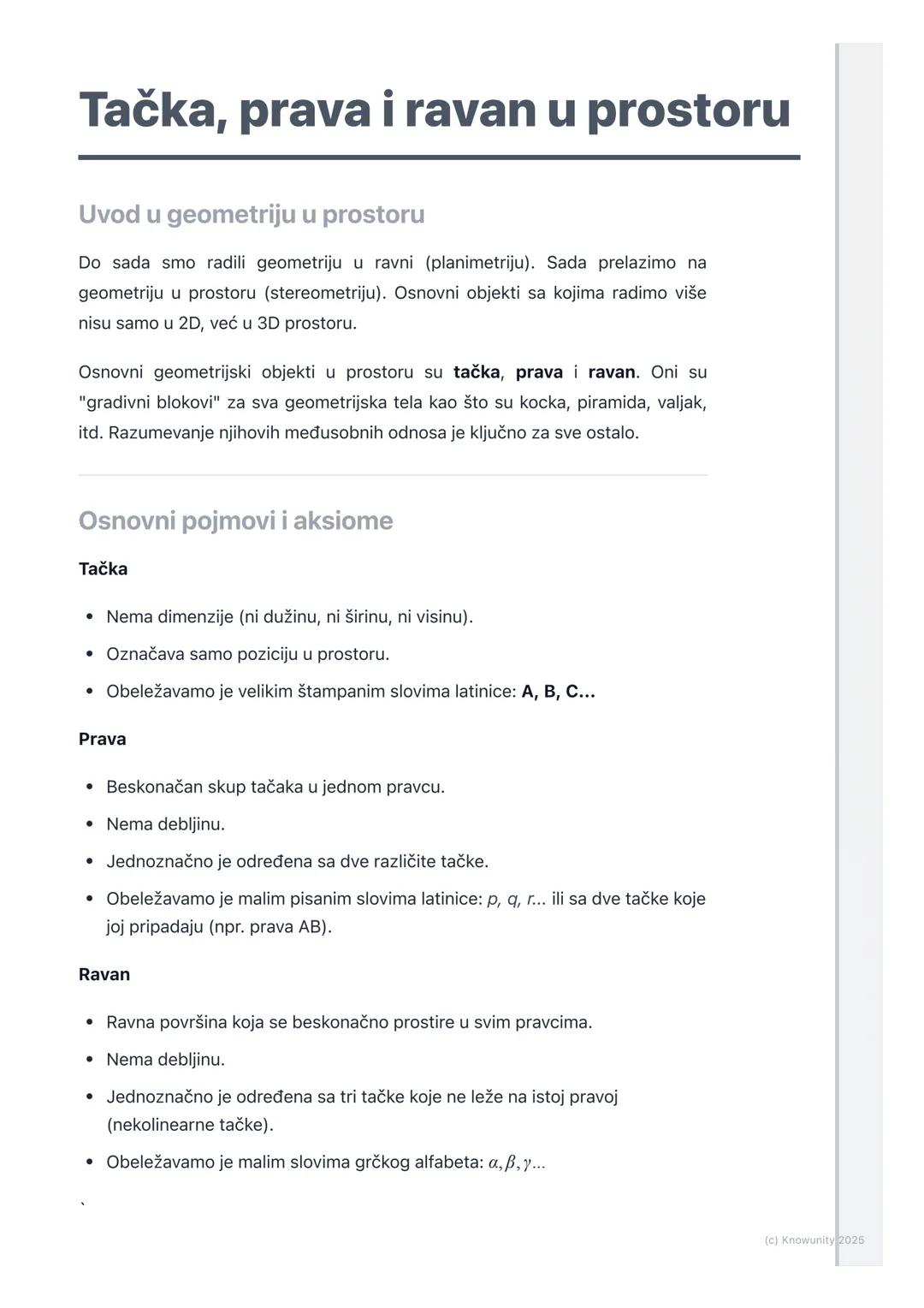 # Tačka, prava i ravan u prostoru

Uvod u geometriju u prostoru

Do sada smo radili geometriju u ravni (planimetriju). Sada prelazimo na
geo