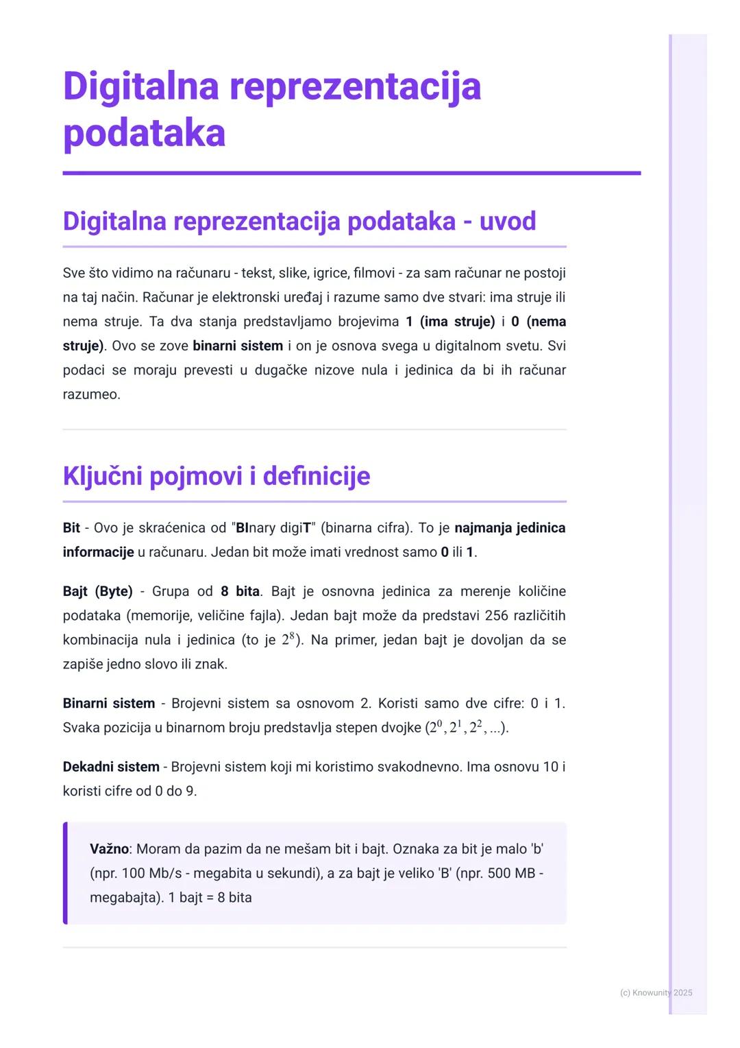 # Digitalna reprezentacija
podataka

Digitalna reprezentacija podataka - uvod

Sve što vidimo na računaru - tekst, slike, igrice, filmovi - 