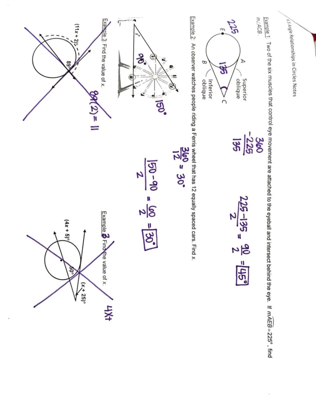 65 Angle Relationships in Circles Notes
Diagram(s)
1
2
X
Formula
M²1=x
centra
Central <=
arc
|m² 3 = 2/1/²
Inscribed
angle =
half the
arc
Lo