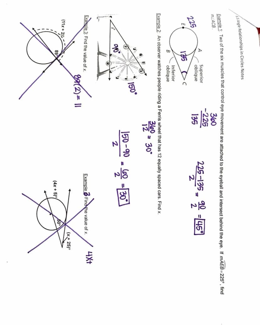 65 Angle Relationships in Circles Notes
Diagram(s)
1
2
X
Formula
M²1=x
centra
Central <=
arc
|m² 3 = 2/1/²
Inscribed
angle =
half the
arc
Lo