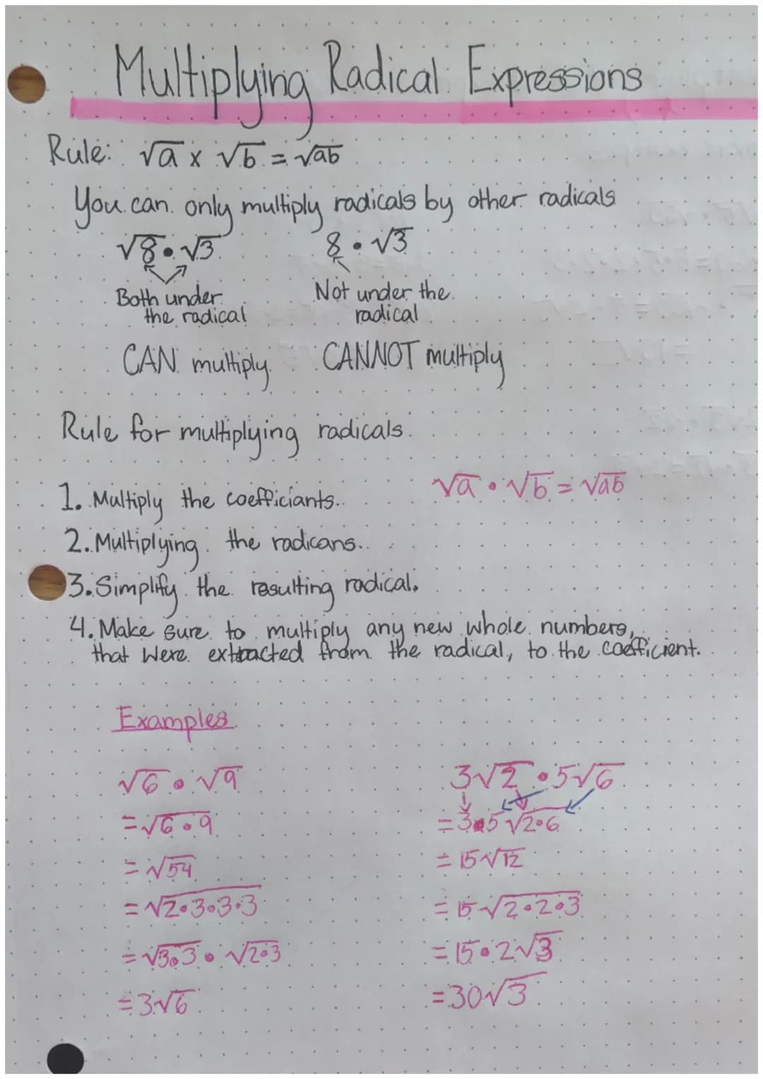 Multiplying Radical Expressions
Rule: √ax √b = √ab
You can only multiply radicals by other radicals
√8•√3
8.√3
Both under
the radical
CAN
mu