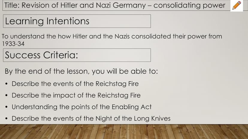 Starter: Blooket Title: Revision of Hitler and Nazi Germany - consolidating power
Learning Intentions
To understand the how Hitler and the N