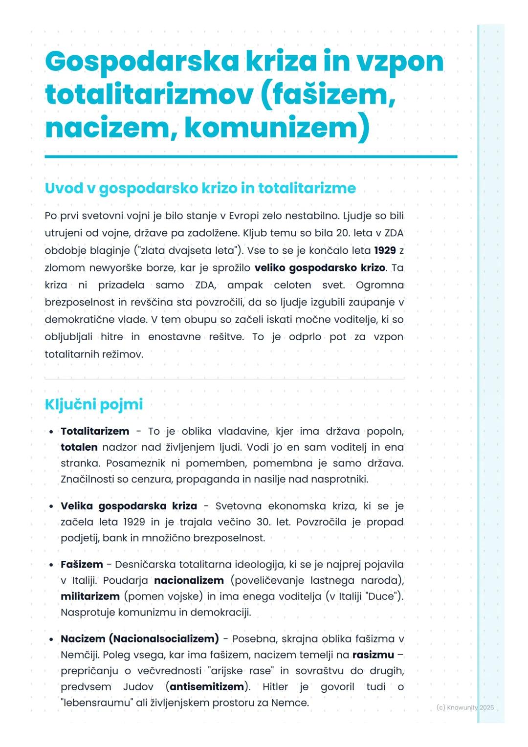 # Gospodarska kriza in vzpon
totalitarizmov (fašizem,
nacizem, komunizem)

## Uvod v gospodarsko krizo in totalitarizme

Po prvi svetovni vo