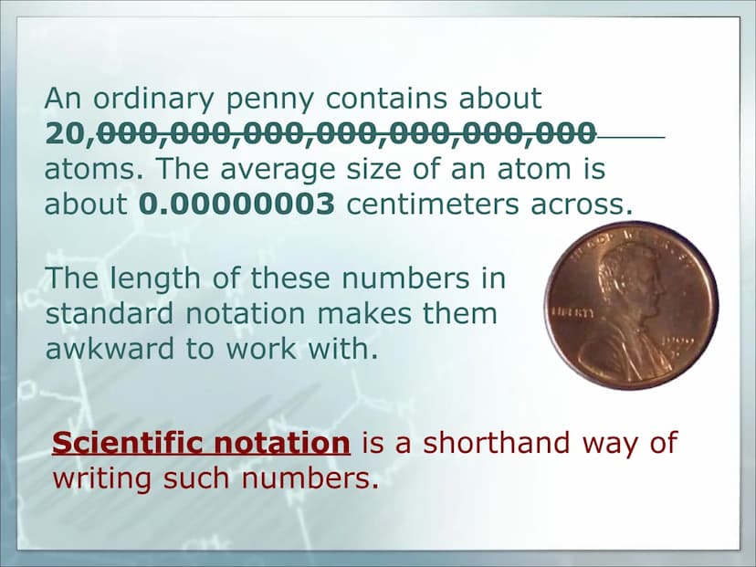 100
50
225
200
15
20
500
400
Scientific Notation
Learn to express large and small
numbers in scientific notation.
00
5 An ordinary penny con
