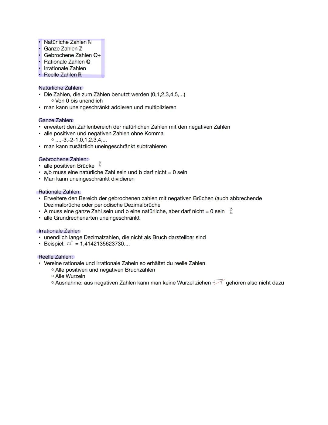 - Natürliche Zahlen N
- Ganze Zahlen Z
- Gebrochene Zahlen Q+
- Rationale Zahlen Q
- Irrationale Zahlen
- Reelle Zahlen R

Natürliche Zahlen
