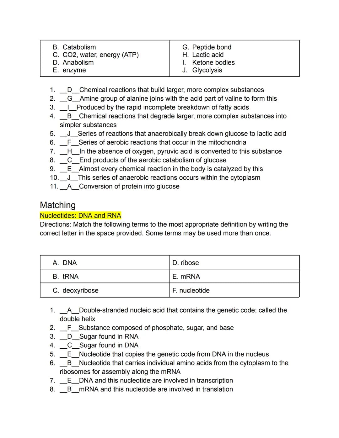 PART 1: Mastering the Basics
Matching
Carbohydrates, Fats, and Proteins
Directions: Match the following terms to the most appropriate defini