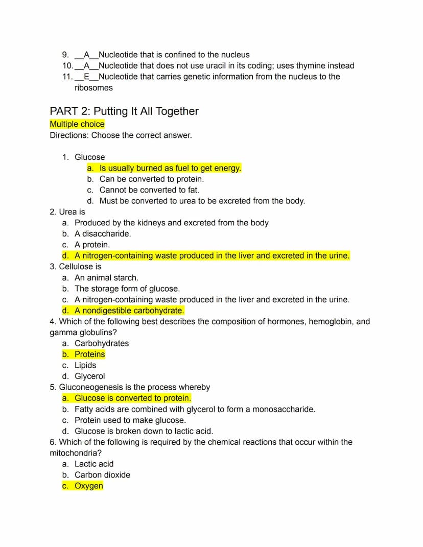 PART 1: Mastering the Basics
Matching
Carbohydrates, Fats, and Proteins
Directions: Match the following terms to the most appropriate defini