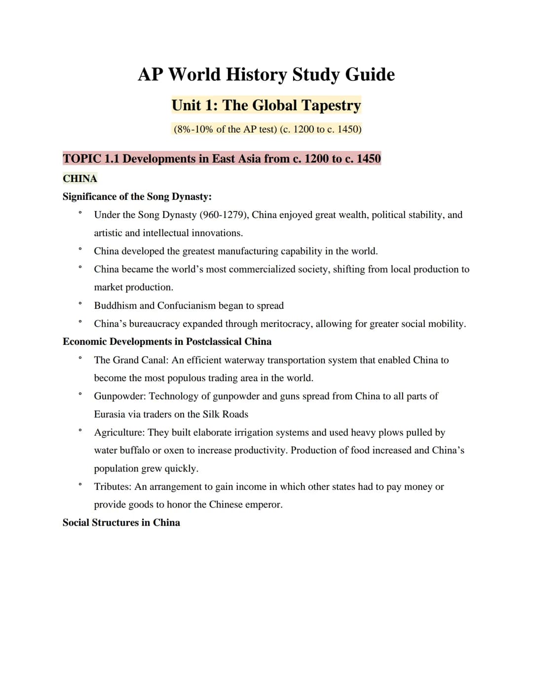 TOPIC 1.1 Developments in East Asia from c. 1200 to c. 1450
CHINA
Significance of the Song Dynasty:
Under the Song Dynasty (960-1279), China