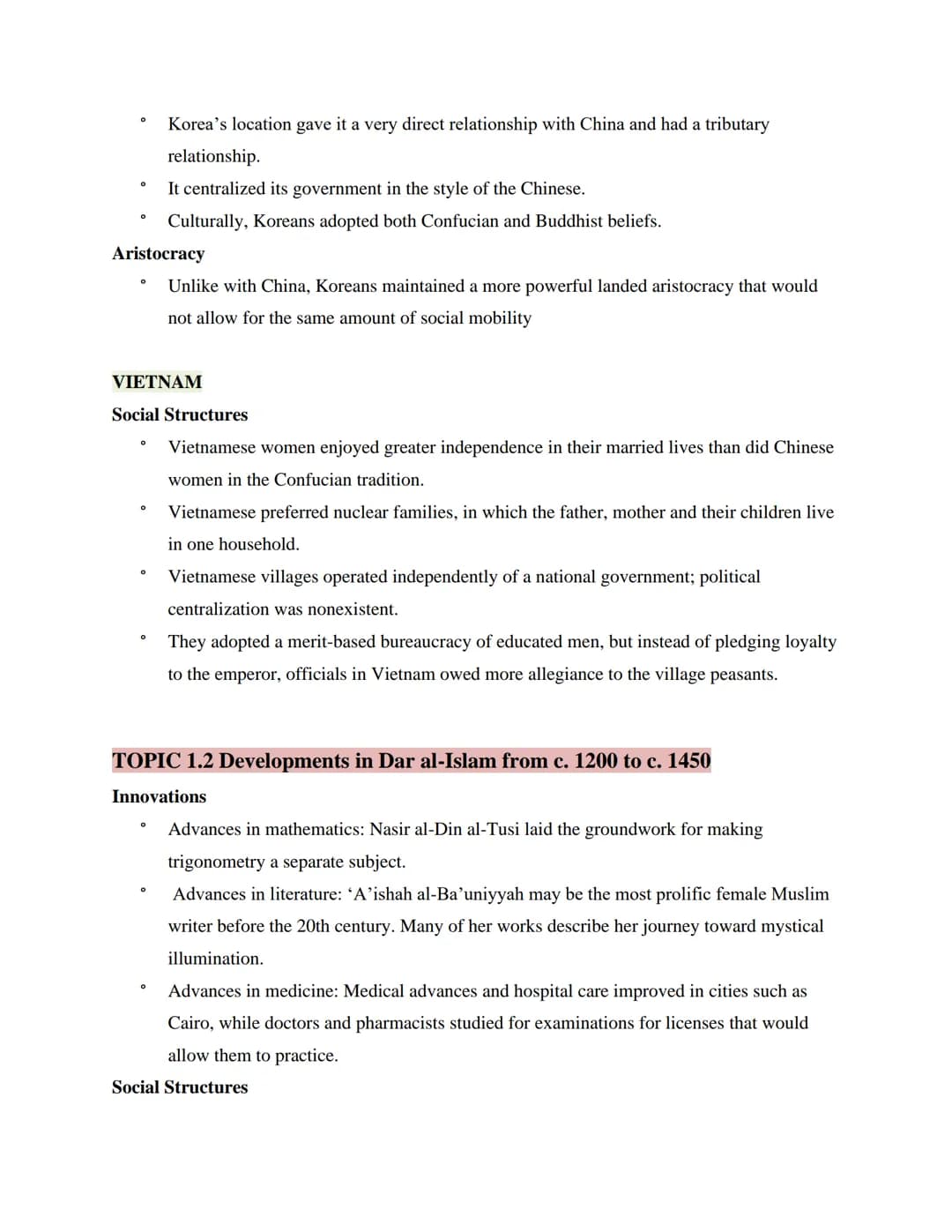TOPIC 1.1 Developments in East Asia from c. 1200 to c. 1450
CHINA
Significance of the Song Dynasty:
Under the Song Dynasty (960-1279), China