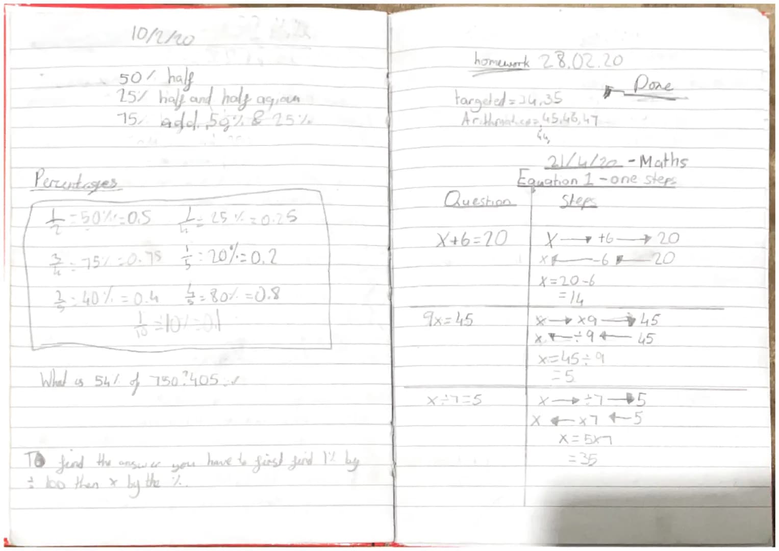 02/2/01
50% half
25% half and half agion
15% and 50% & 75%
Percentages
£=50%-0.5 = 25 % - 0.25
2
3-75% =0.75 3:20% = 0.2
5
3-40%=0.4 €= 80% 