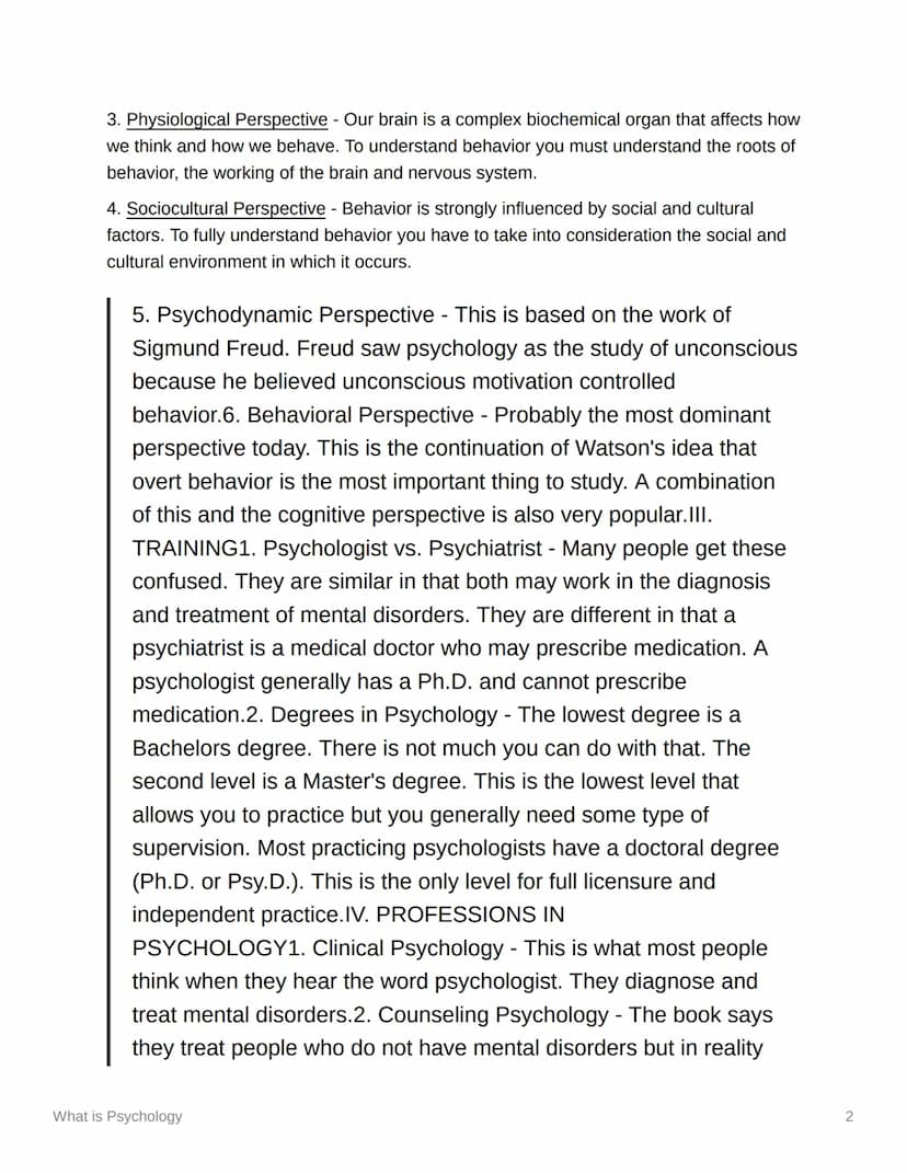 What is Psychology
I. WHAT IS PSYCHOLOGY?
1. Definition - The book defines psychology as the study of behavior and cognitive
processes. What