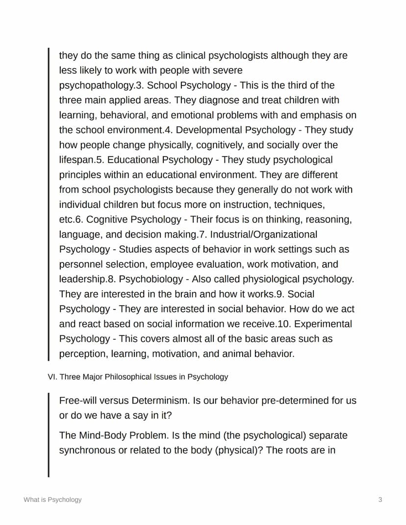 What is Psychology
I. WHAT IS PSYCHOLOGY?
1. Definition - The book defines psychology as the study of behavior and cognitive
processes. What