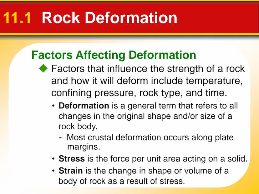 Chapter
11
Mountain Building 11.1 Rock Deformation
Factors Affecting Deformation
Factors that influence the strength of a rock
and how it wi