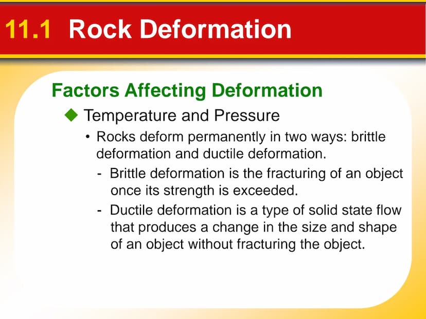 Chapter
11
Mountain Building 11.1 Rock Deformation
Factors Affecting Deformation
Factors that influence the strength of a rock
and how it wi