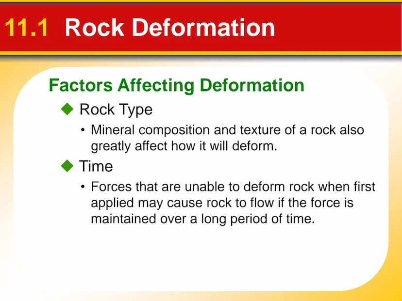 Chapter
11
Mountain Building 11.1 Rock Deformation
Factors Affecting Deformation
Factors that influence the strength of a rock
and how it wi