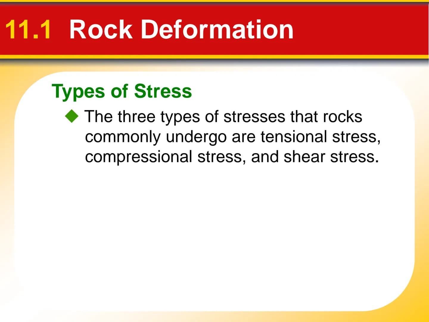 Chapter
11
Mountain Building 11.1 Rock Deformation
Factors Affecting Deformation
Factors that influence the strength of a rock
and how it wi