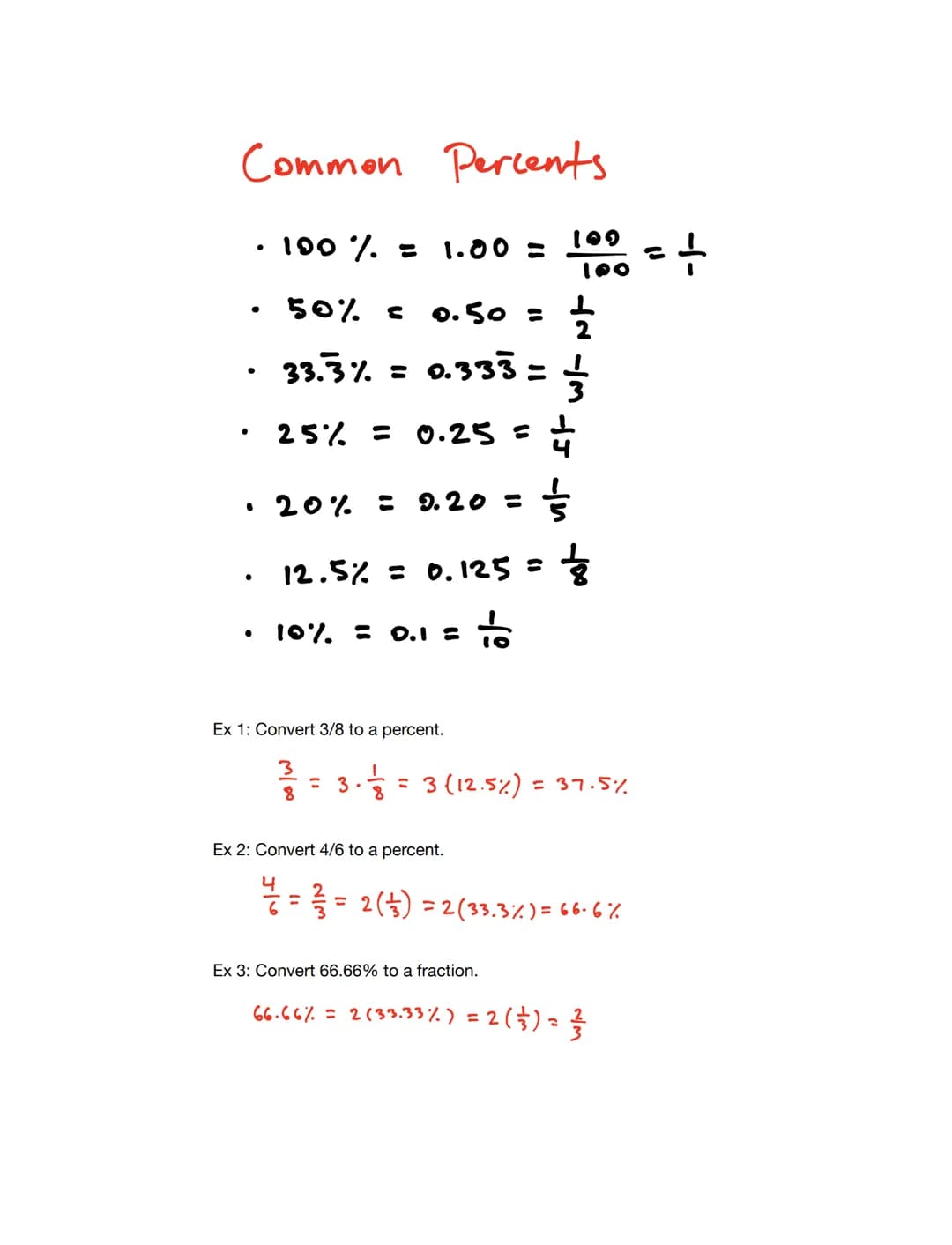 Percents
A percent is a number of parts per hundred.
1% 1 out of 100
90% = 90 out of 100
Percents can be represented using decimals and frac