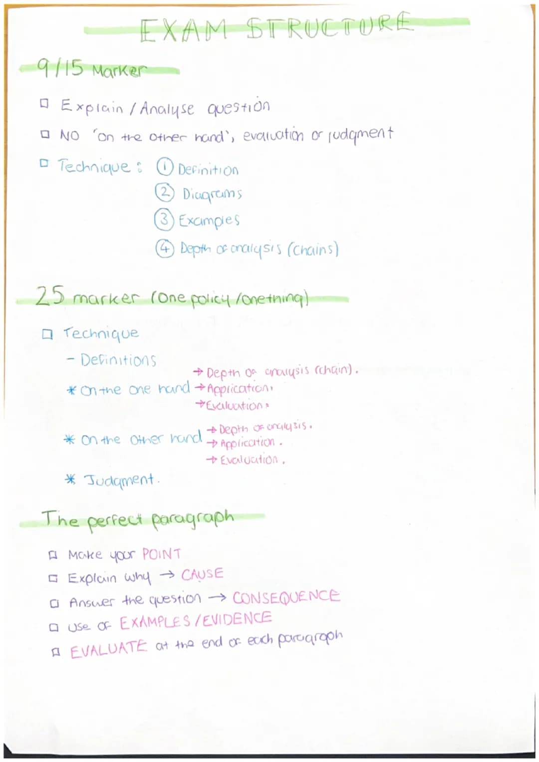 EXAM STRUCTURE
-9/15 Marker
Explain / Analyse question
□ NO "On the other hand, evaluation or judgment
□ Technique: O Definition
Diagrams
3 