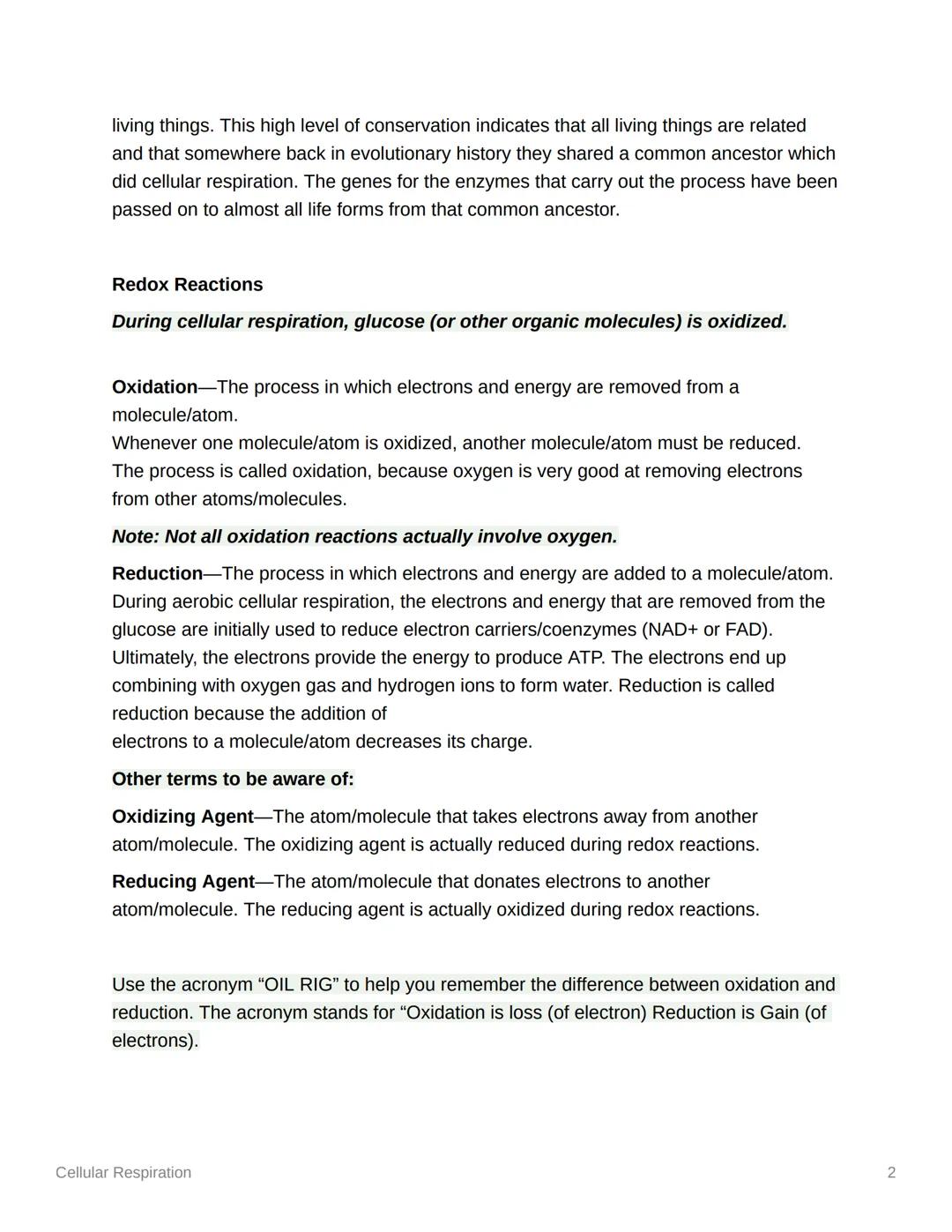 Cellular Respiration
Cellular Respiration is the process of releasing the energy contained in organic
molecules (mainly Glucose) to do work.