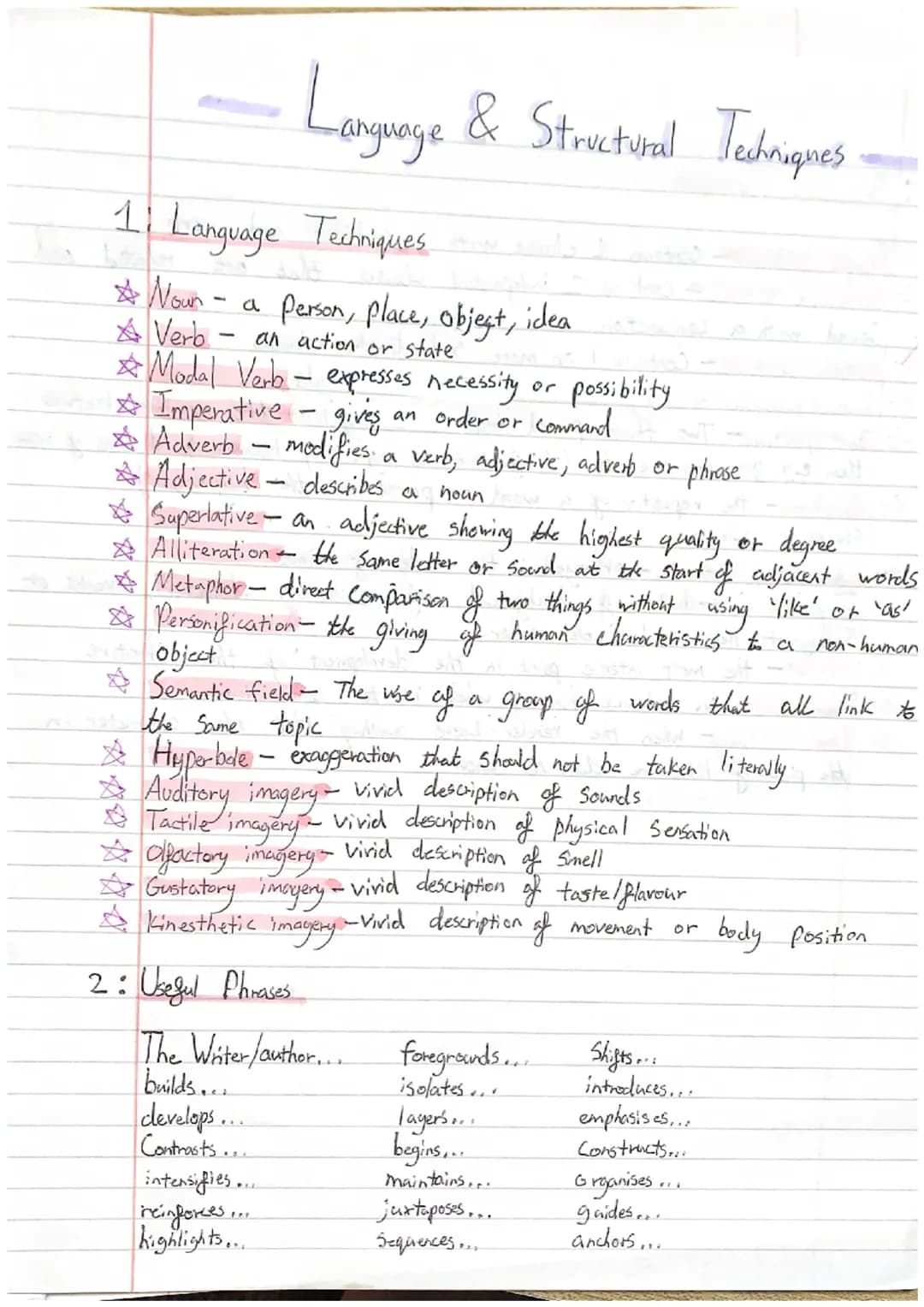 -
1 Language Techniques
Noun - a person, place, object, idea
Verb
an action or state
☆ Modal Verb - expresses necessity
✩ Imperative - gives