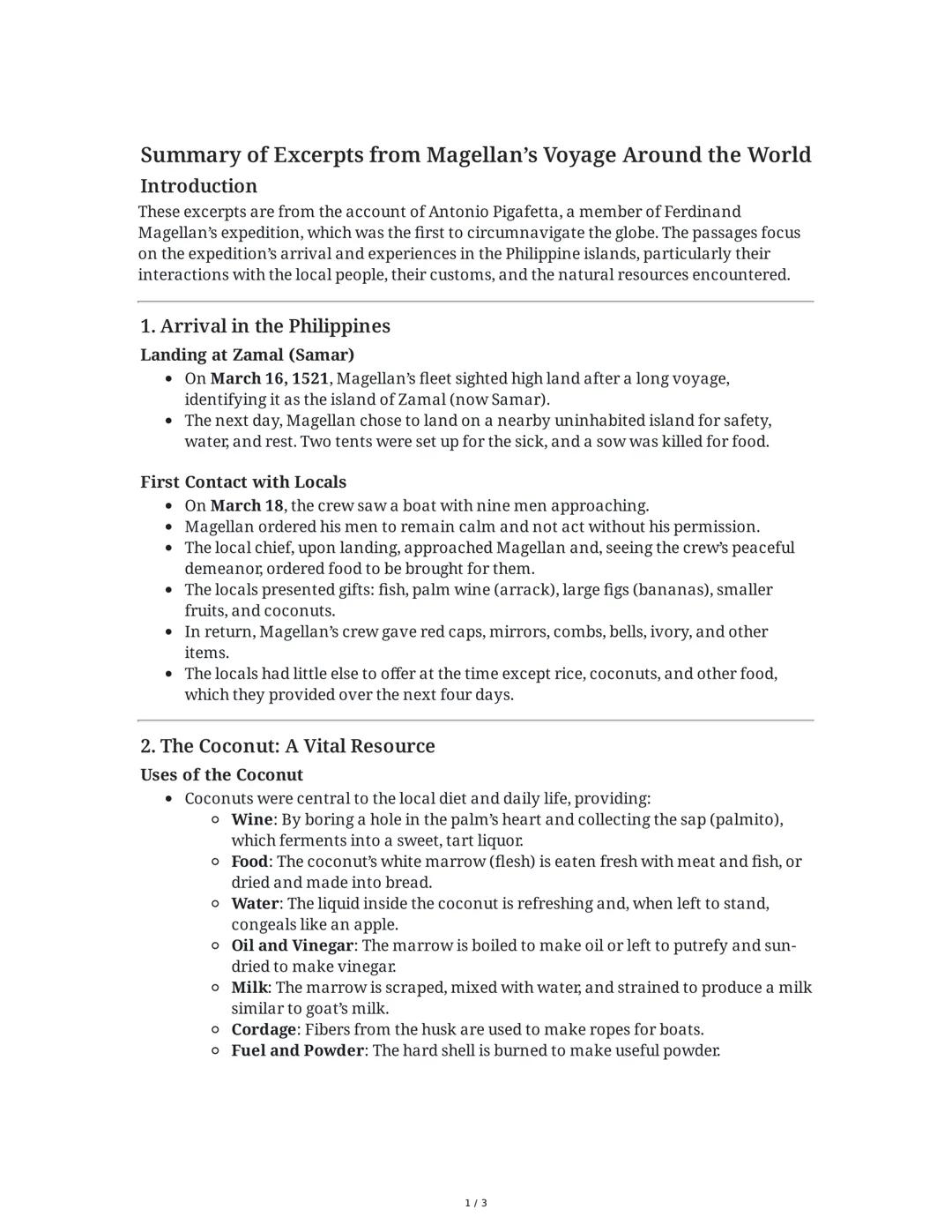 Summary of Excerpts from Magellan's Voyage Around the World
Introduction
These excerpts are from the account of Antonio Pigafetta, a member 