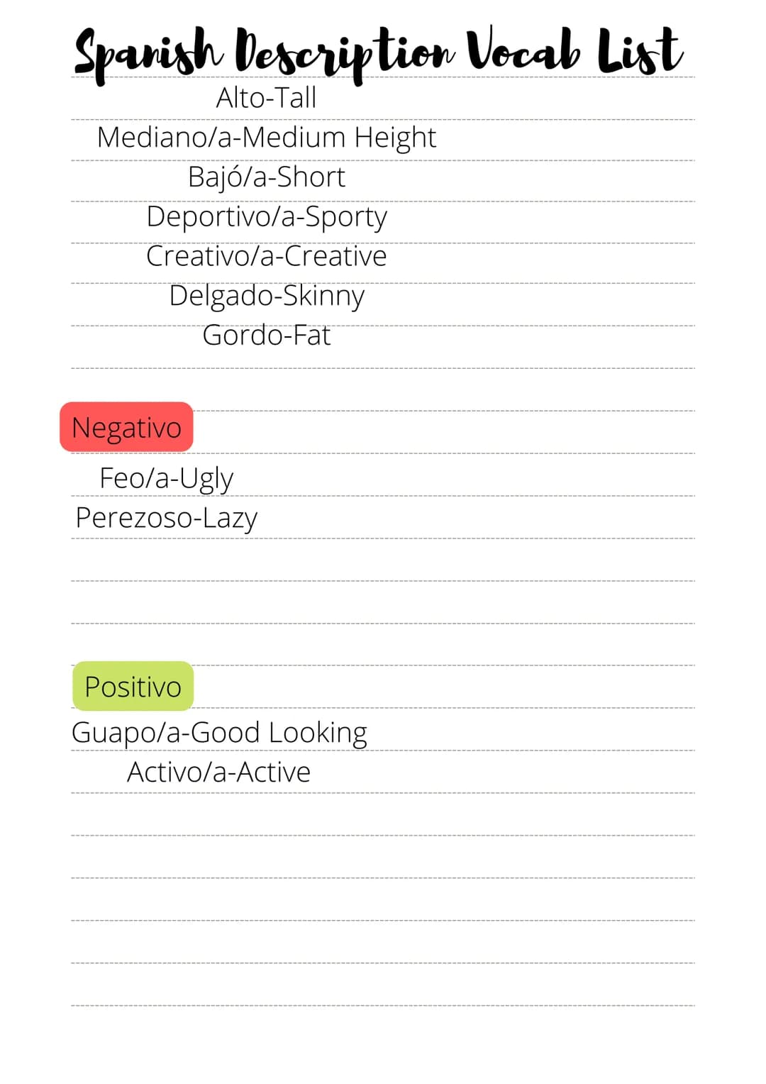 Spanish Personality Vocab List
Positivo Adjectives
Alegre-Happy
Amable-Friendly
Amistoso/a-Friendly
Animado-Livley
Cariñoso/a-Affectionate
D