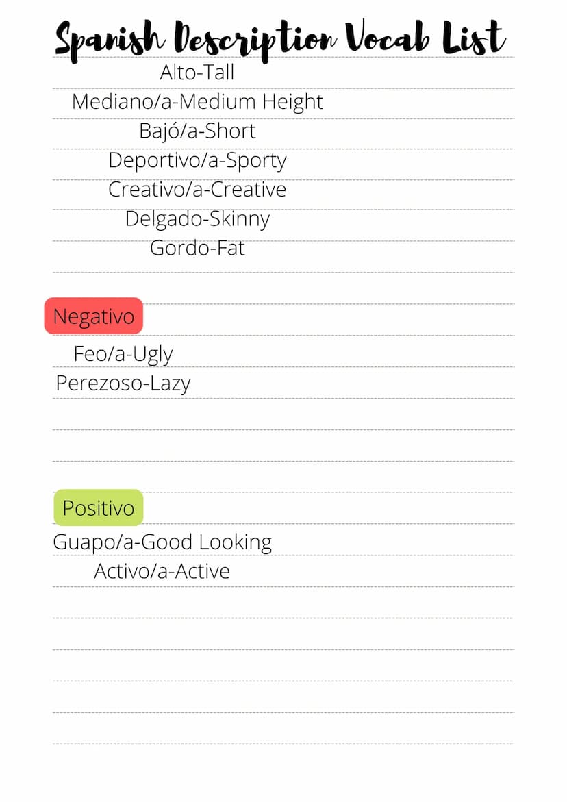 Spanish Personality Vocab List
Positivo Adjectives
Alegre-Happy
Amable-Friendly
Amistoso/a-Friendly
Animado-Livley
Cariñoso/a-Affectionate
D