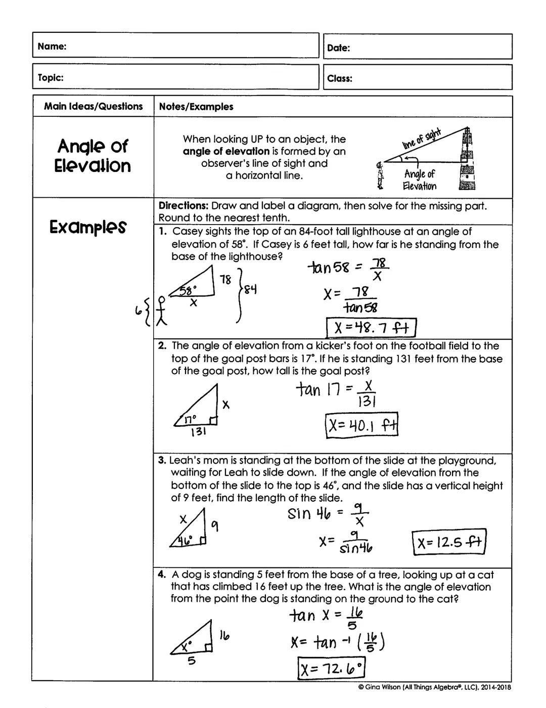 U7L6 Trig Review Notes Day 2 (angle of elevation and depression)
