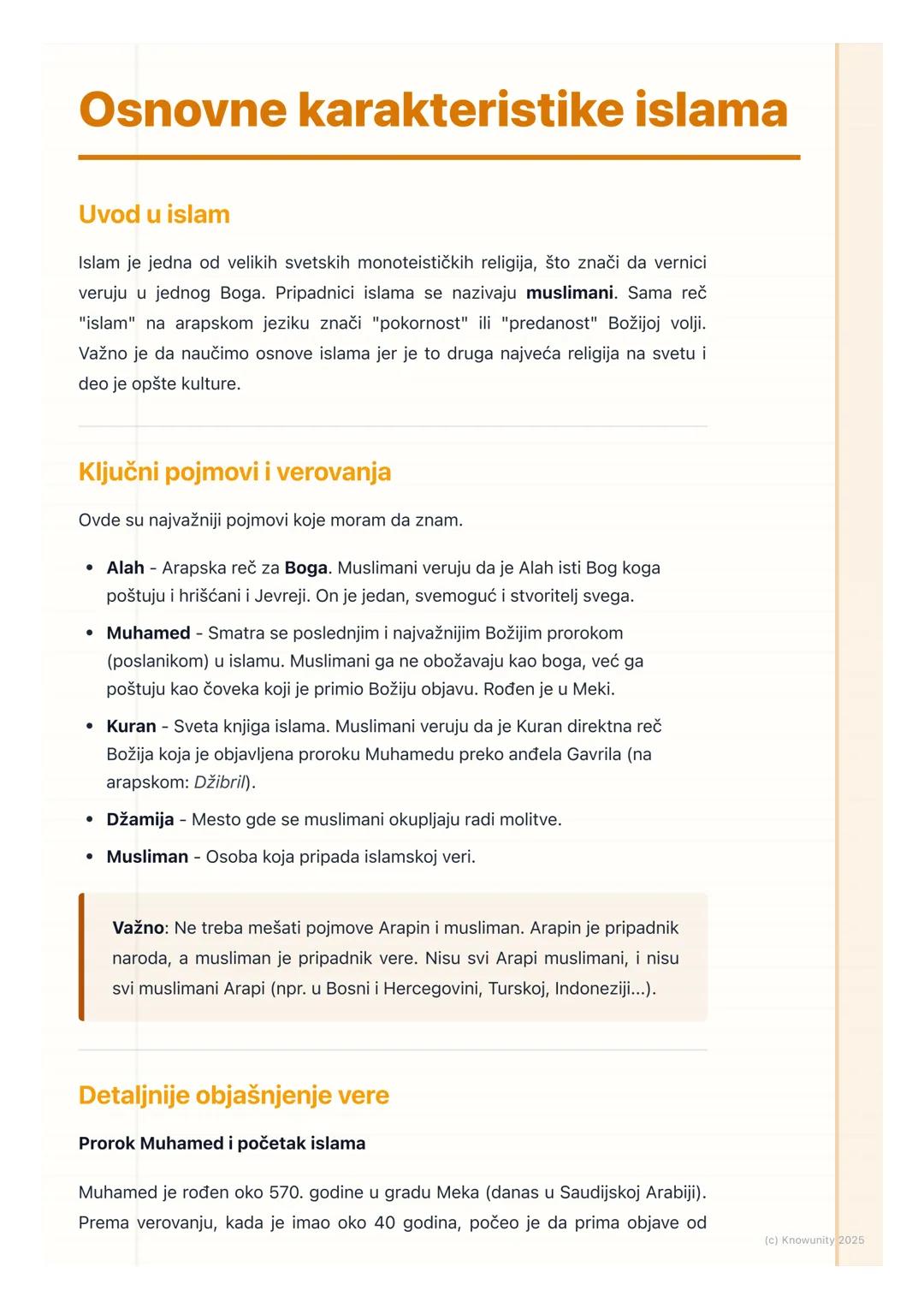 # Osnovne karakteristike islama

Uvod u islam

Islam je jedna od velikih svetskih monoteističkih religija, što znači da vernici
veruju u jed