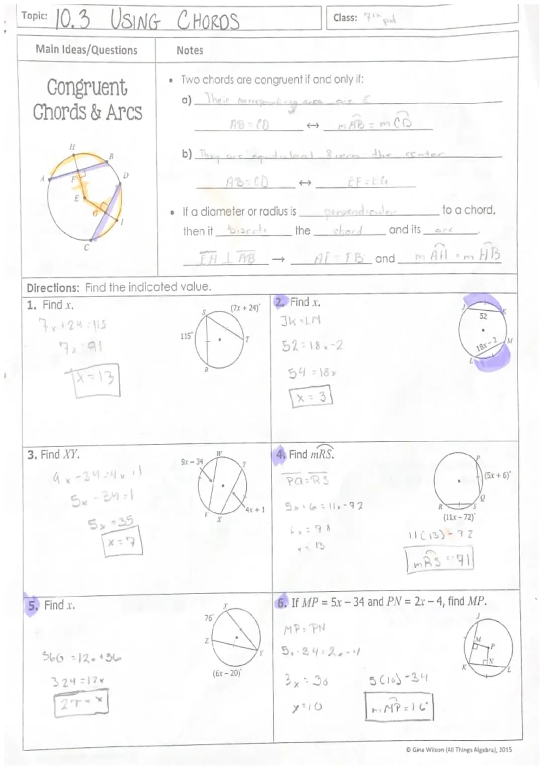 Geometry Honors Unit 10 Lesson 3 Using Chords