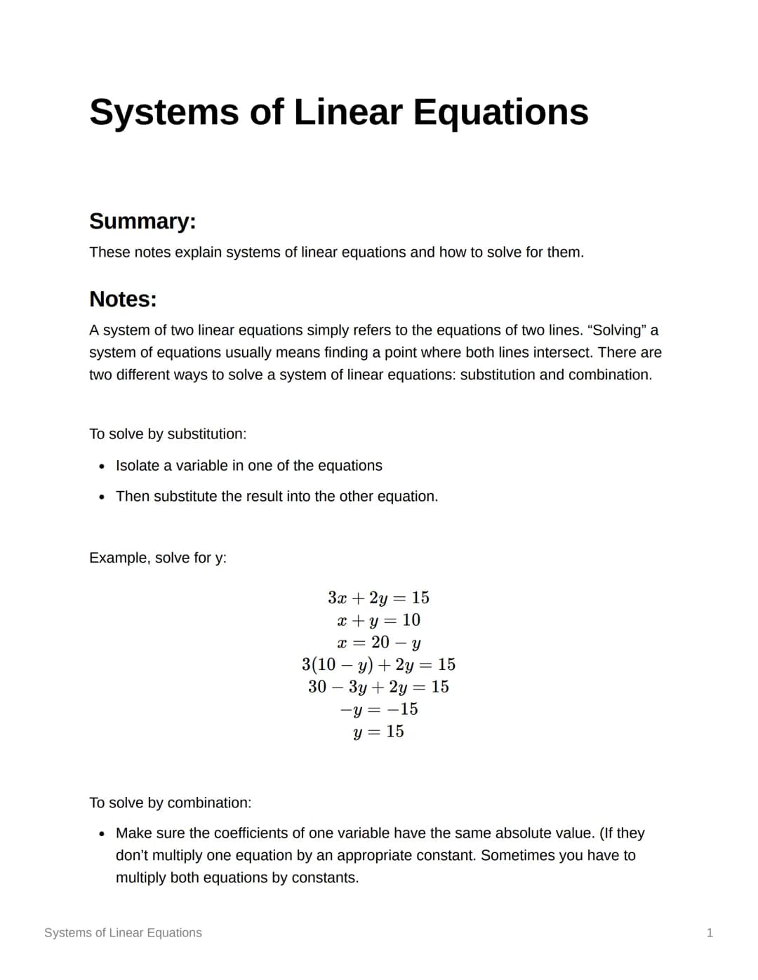 
<p>Systems of Linear Equations</p>
<p>Summary:<br />
These notes explain systems of linear equations and how to solve them.</p>
<p>Notes:<b