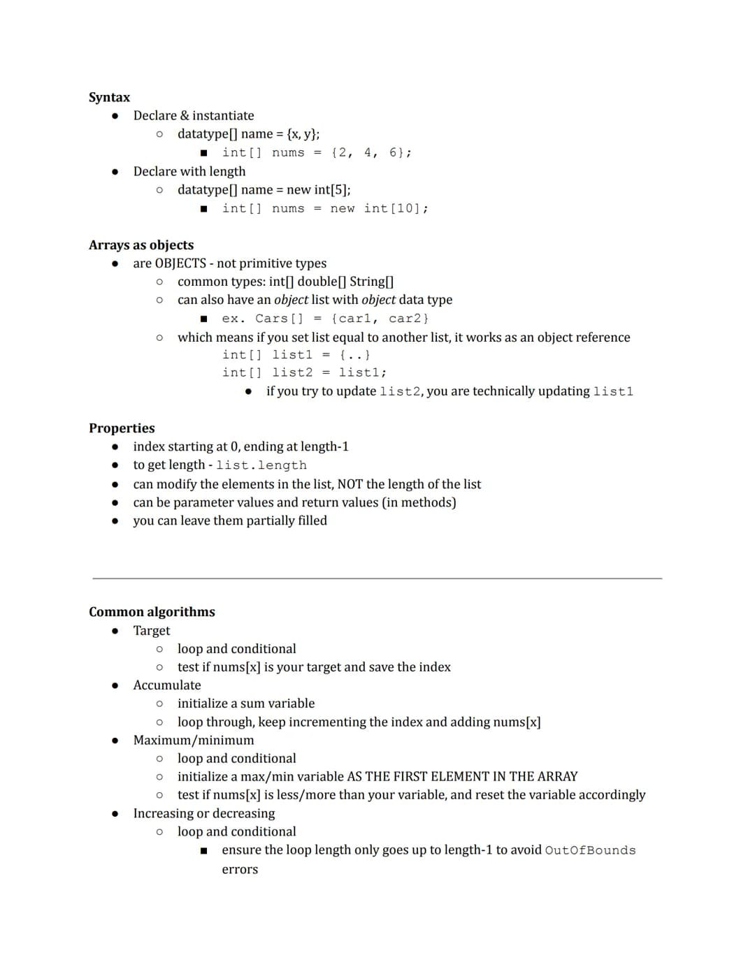 Syntax
●
●
Declare & instantiate
●
O datatype [] name = {x,y};
Arrays as objects
●
Declare with length
●
O datatype [] name = new int[5];
● 