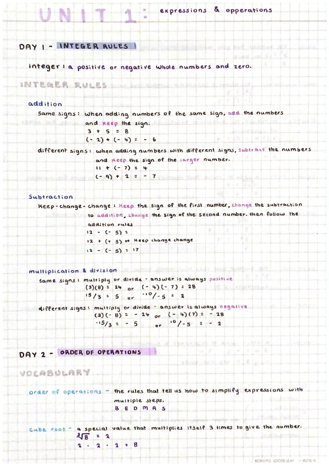 UNIT 1:
DAY I' INTEGER RULES
integer a positive or negative whole numbers and zero.
¡
INTEGER RULES
Subtraction
addition
Same signs: when ad