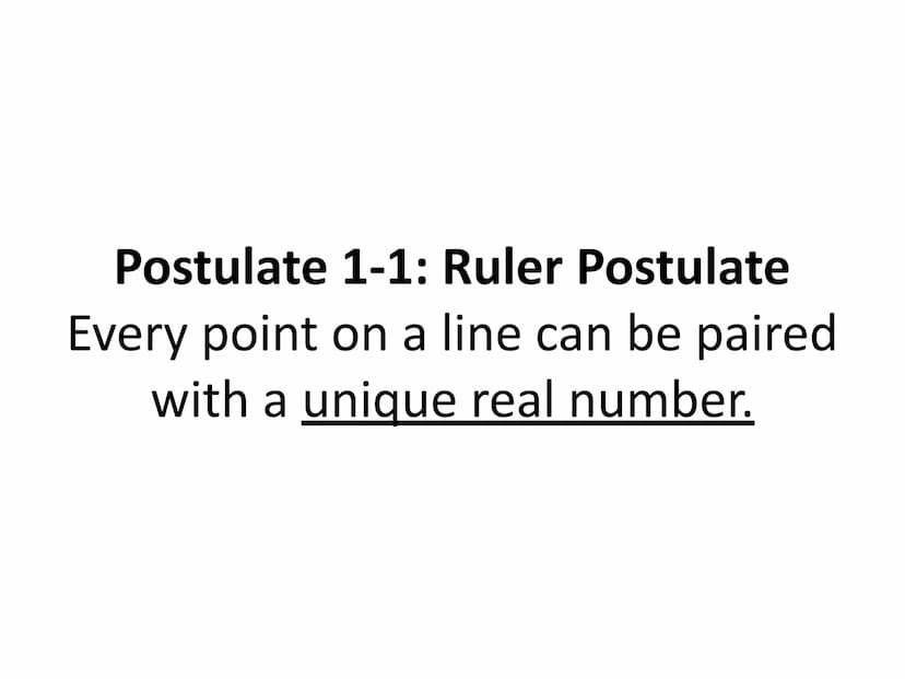 Honors Geometry
Unit IA Section 3
Measuring Lengths Postulate 1-1: Ruler Postulate
Every point on a line can be paired.
with a unique real n