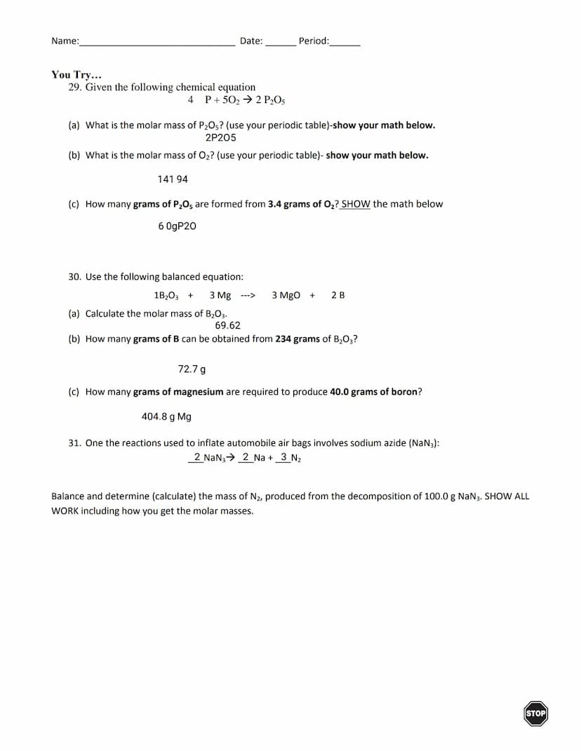 Name:
POGIL- Stoichiometry
How do chemists use balanced chemical equations?
Why?
Chemists use balanced chemical equations as a basis to calc