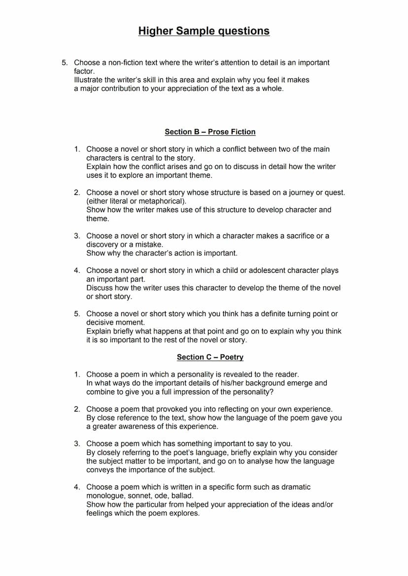 Higher Sample questions
Section A Drama
1. Choose a play in which the main character finds out things about him/herself -
often not enough a
