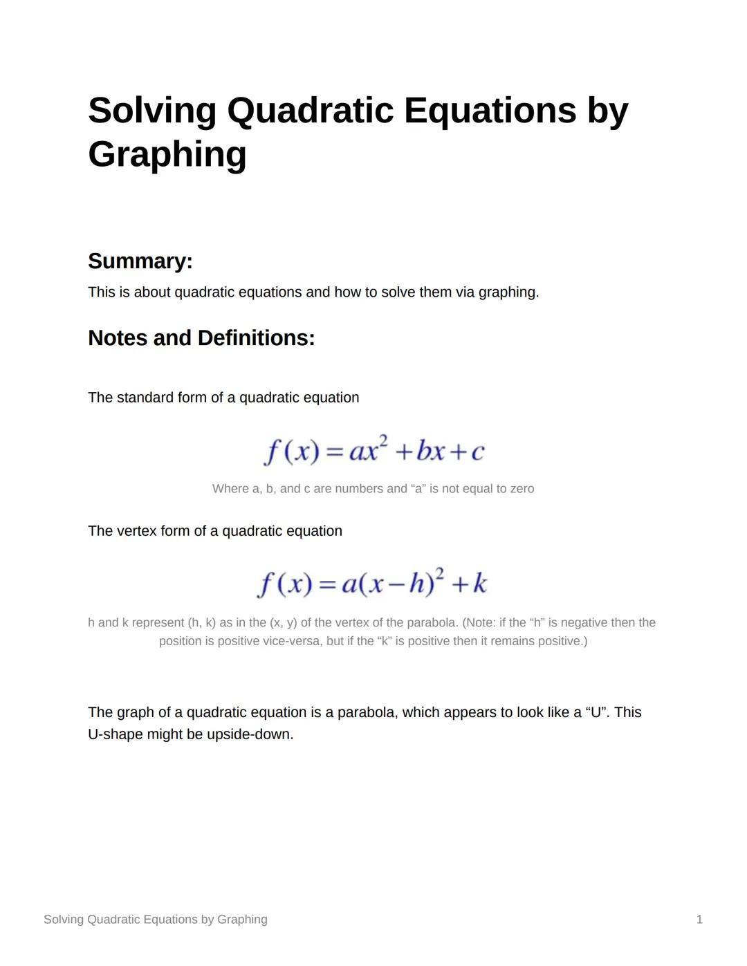 Solving Quadratic Equations by Graphing Worksheet and Practice - PDF with Answer Key