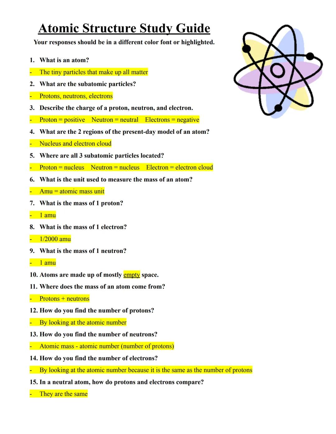 Atomic Structure Study Guide 