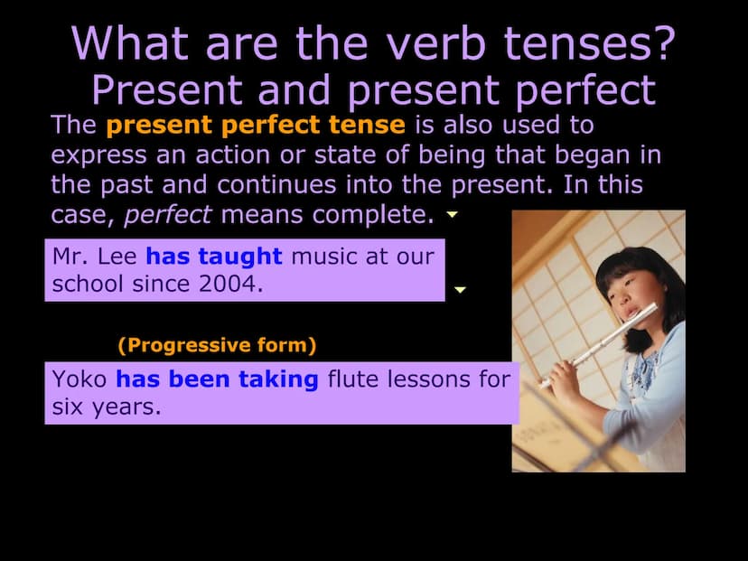 Understanding verb tense
What are the verb tenses?
Present and present perfect
Past and past perfect
Future and future perfect
Consistency o