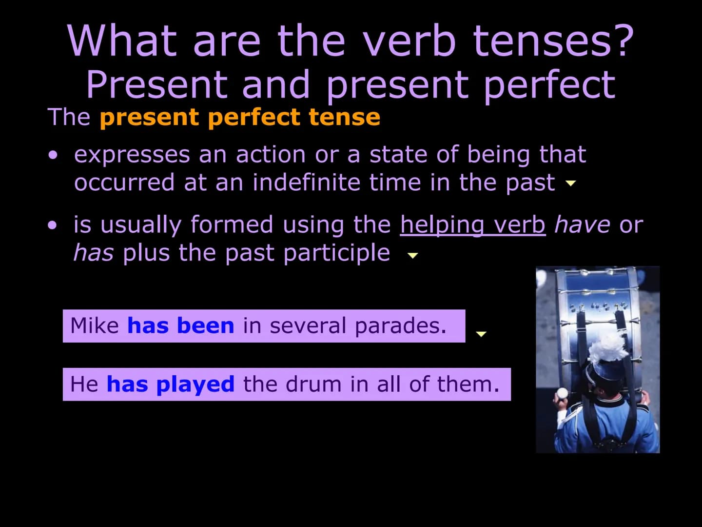 Understanding verb tense
What are the verb tenses?
Present and present perfect
Past and past perfect
Future and future perfect
Consistency o