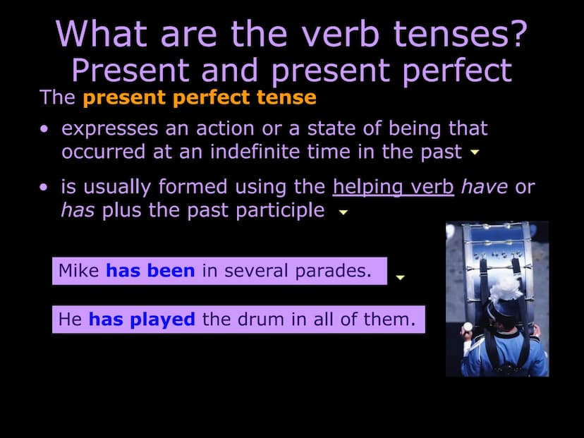 Understanding verb tense
What are the verb tenses?
Present and present perfect
Past and past perfect
Future and future perfect
Consistency o