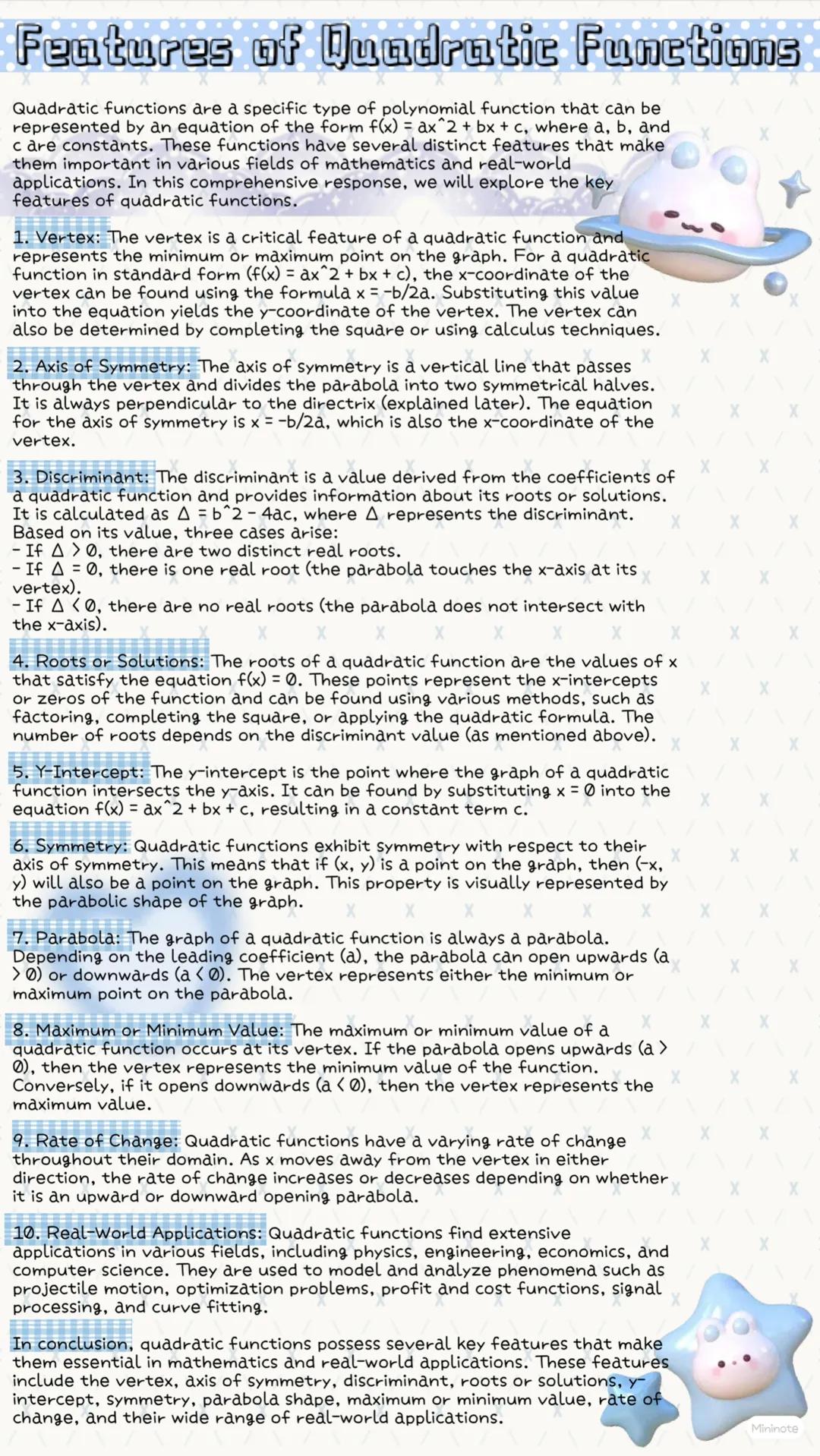 Features of quadratic functions