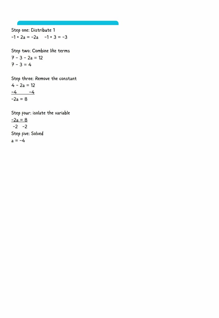 S
Distributive property-The multiplication of two numbers in parentheses by a outside number
Step 1: Distribute 4
4(x-3)=20 Problem 1
4.x = 