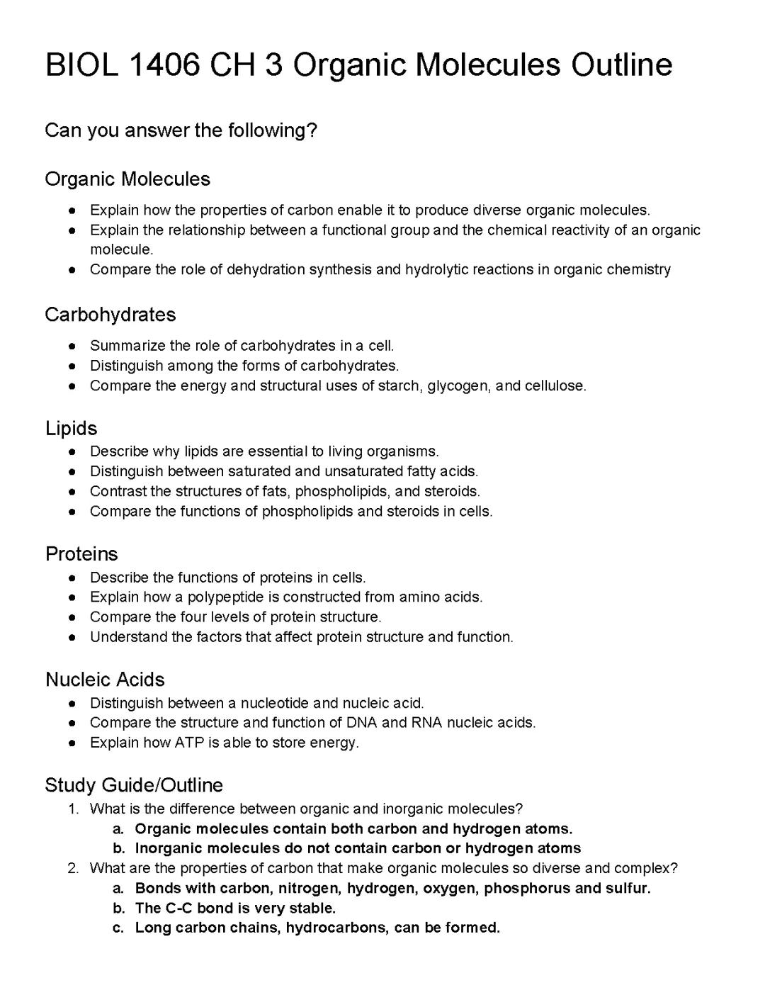 Notes and Outline on Organic Molecules from Biology