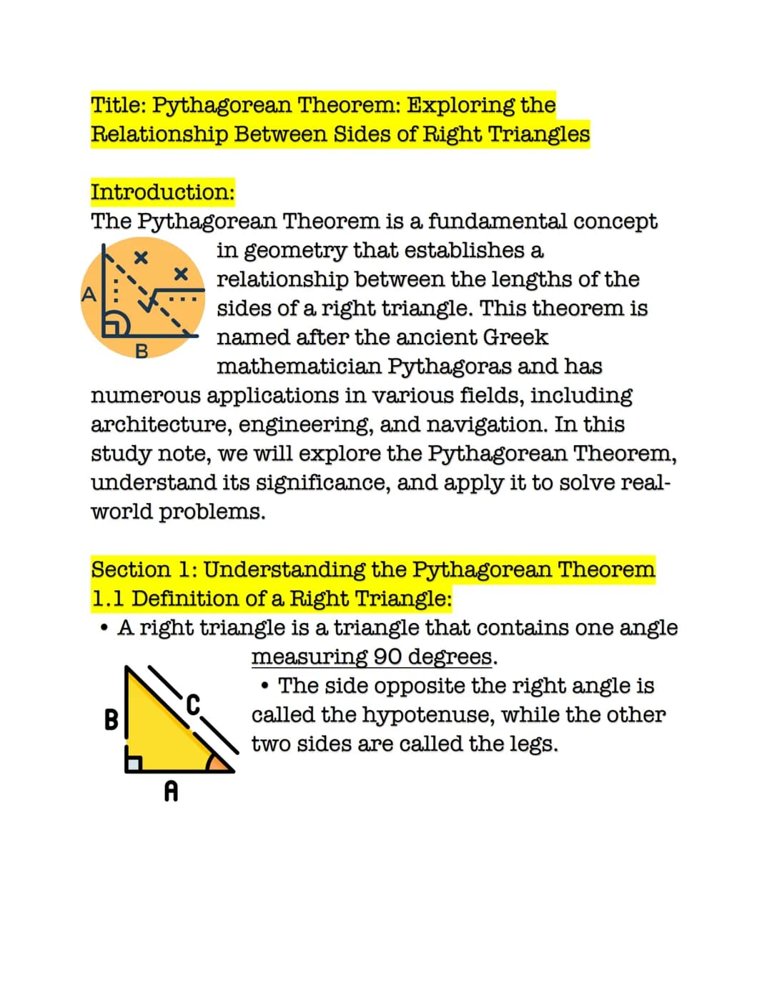 Title: Pythagorean Theorem: Exploring the
Relationship Between Sides of Right Triangles
Introduction:
The Pythagorean Theorem is a fundament
